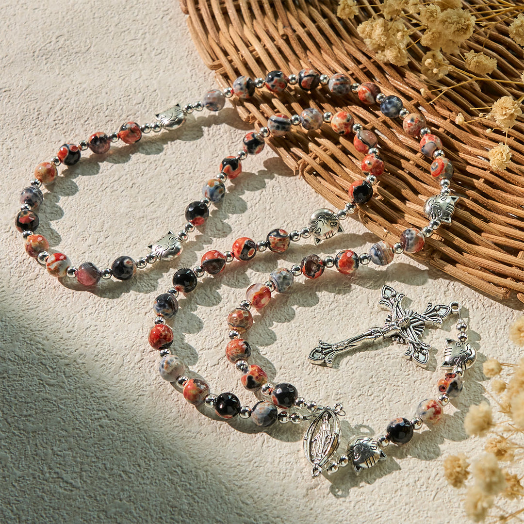 Christianartworkshop Unique Memorial Marbling Agate Beads with Calico Cat Pray Bracelet, Animal Rosary - image 3