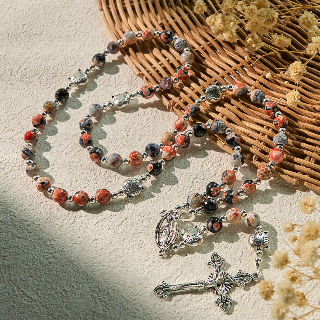 Christianartworkshop Unique Memorial Marbling Agate Beads with Calico Cat Pray Bracelet, Animal Rosary - image 4