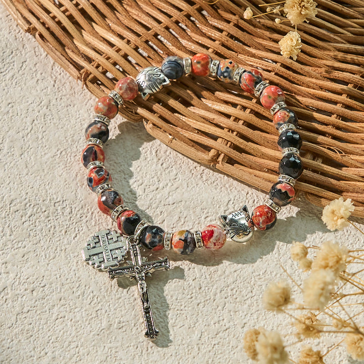 Christianartworkshop Unique Memorial Marbling Agate Beads with Calico Cat Pray Bracelet, Animal Rosary - image 11