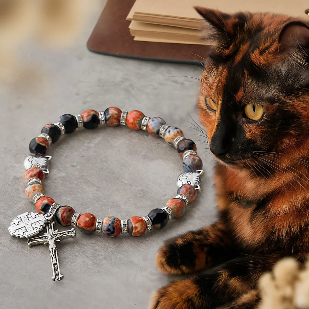 Christianartworkshop Calico Cat Pray Rosary & Bracelets Memorial Set in Artificial Marbling Agate Beads - Bracelets - image 1