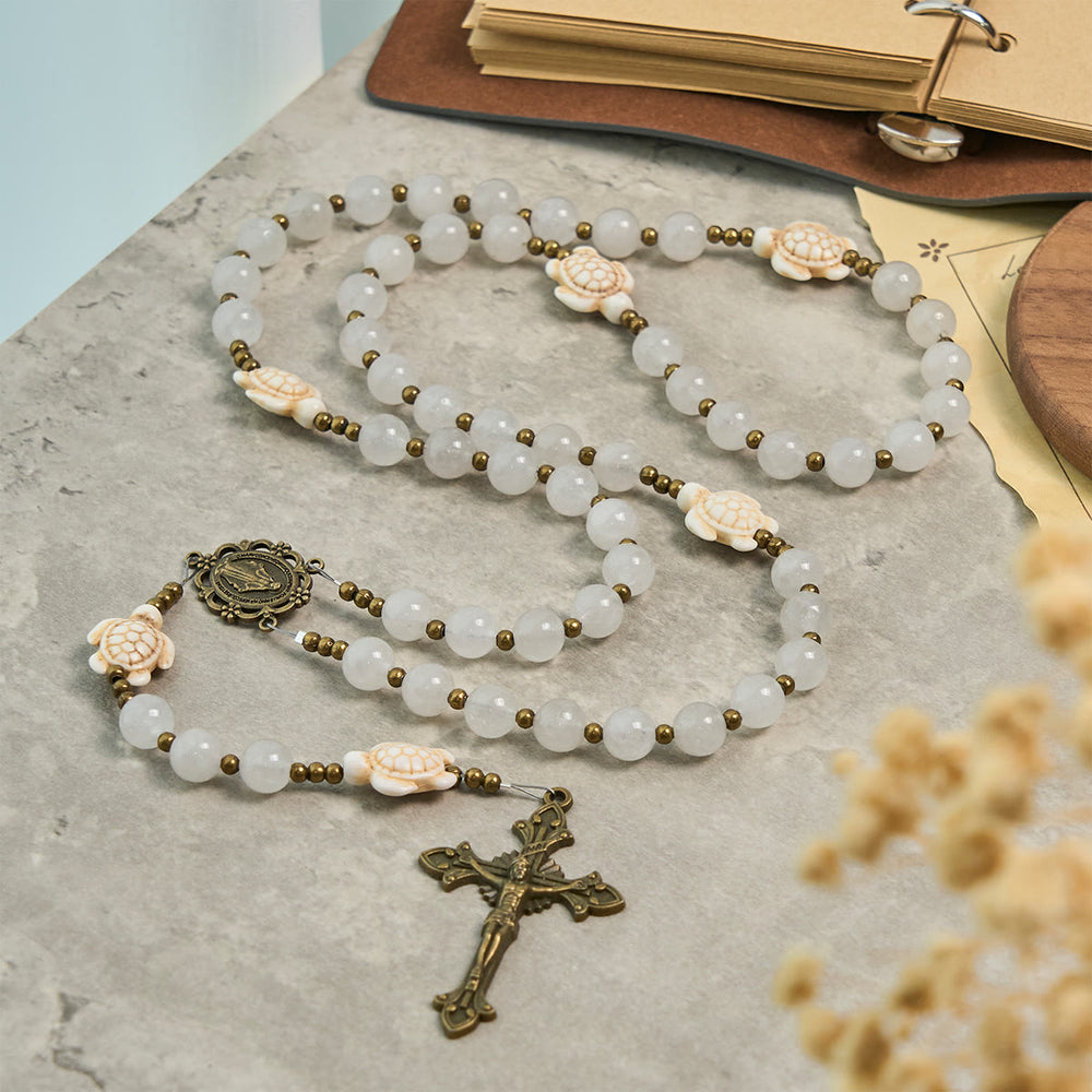 Christianartworkshop Sacred Memorial White Quartz and Sacred Turtle Prayer Animal Rosary - image 1