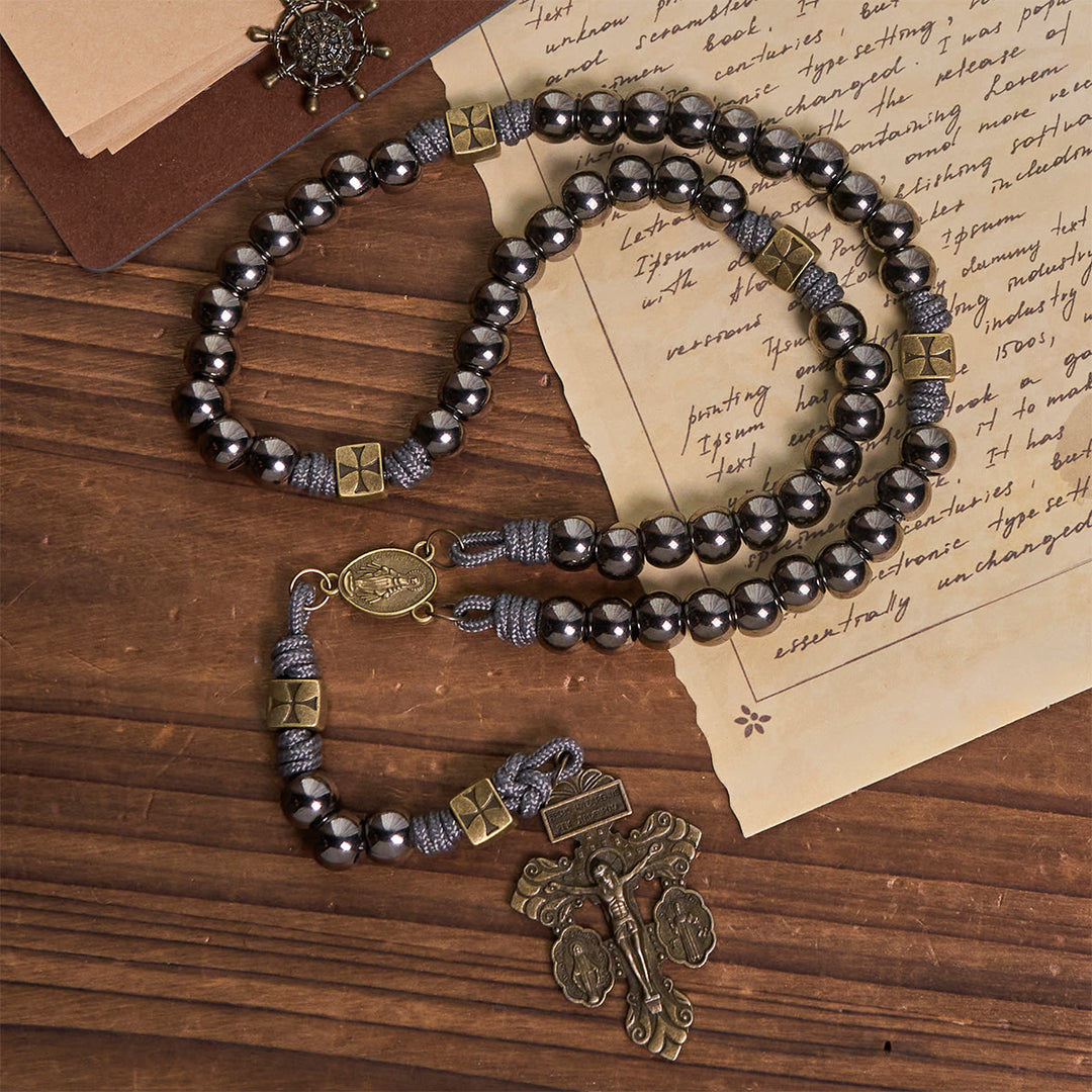 Christianartworkshop Miraculous Medal & Crucifix of 8 mm Round Silver Black Gallstone Nylon Cord Rosary - image 1