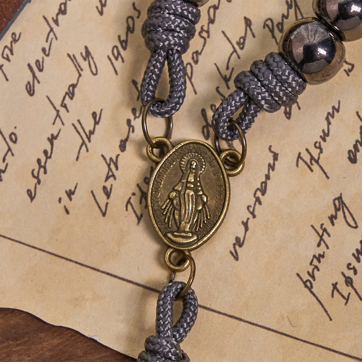 Christianartworkshop Miraculous Medal & Crucifix of 8 mm Round Silver Black Gallstone Nylon Cord Rosary - image 7