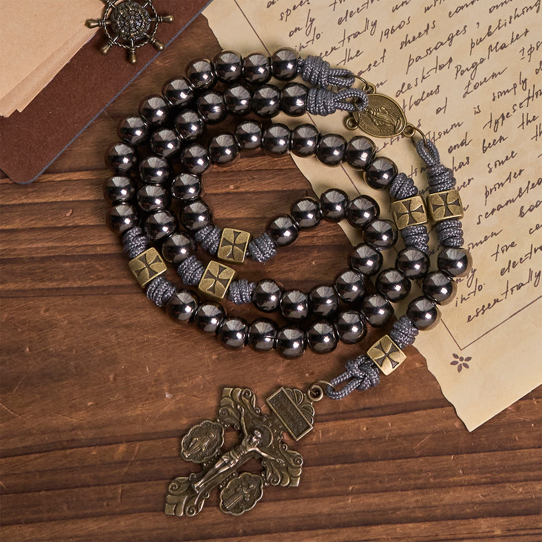 Christianartworkshop Miraculous Medal & Crucifix of 8 mm Round Silver Black Gallstone Nylon Cord Rosary - image 2