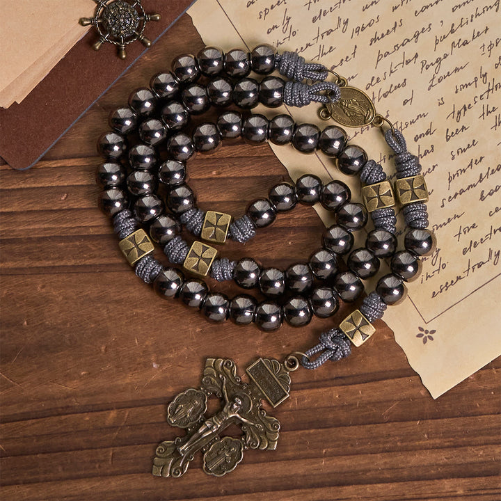 Christianartworkshop Miraculous Medal & Crucifix of 8 mm Round Silver Black Gallstone Nylon Cord Rosary - image 2