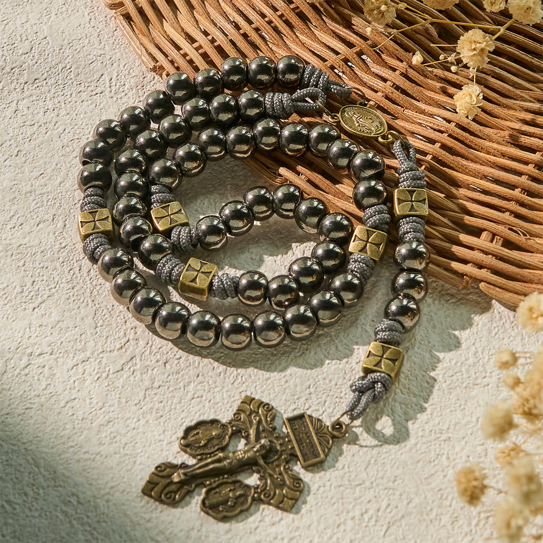 Christianartworkshop Miraculous Medal & Crucifix of 8 mm Round Silver Black Gallstone Nylon Cord Rosary - image 4