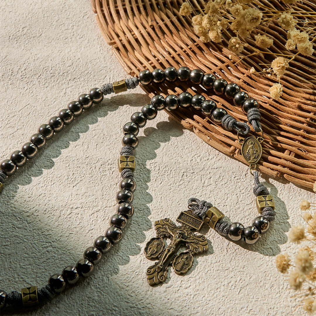 Christianartworkshop Miraculous Medal & Crucifix of 8 mm Round Silver Black Gallstone Nylon Cord Rosary - image 9