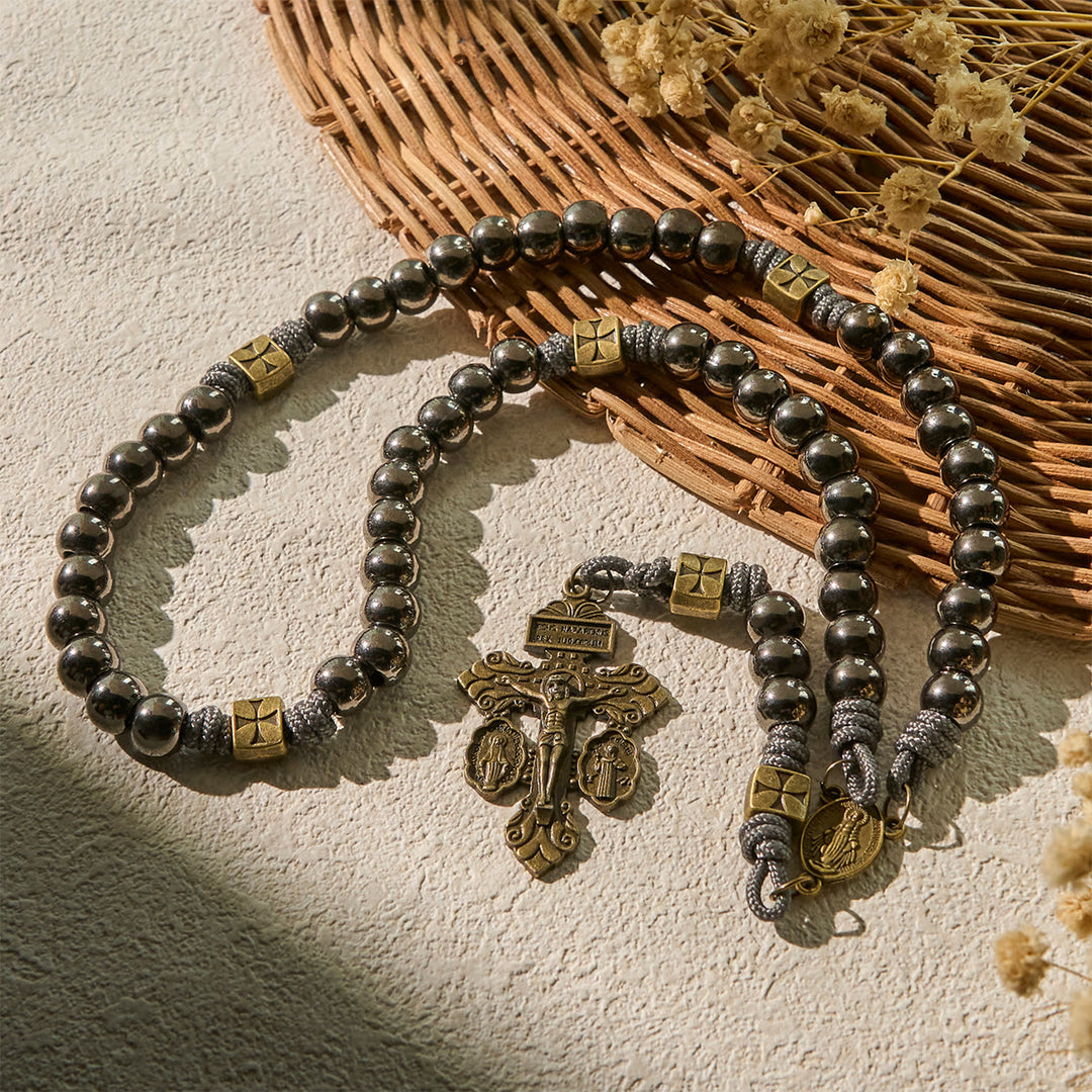 Christianartworkshop Miraculous Medal & Crucifix of 8 mm Round Silver Black Gallstone Nylon Cord Rosary - image 3