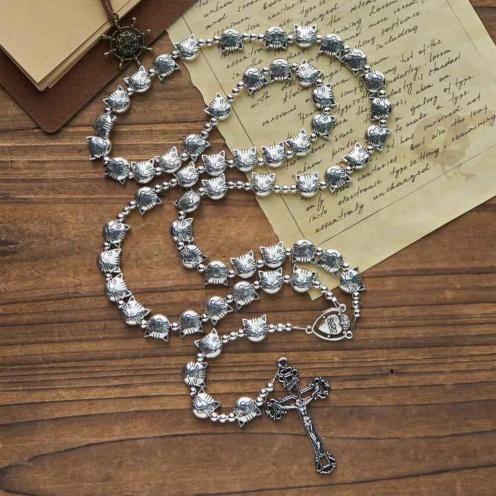 Christianartworkshop Unique Tabby Cat Face Stainless Steel Rosary with Sacred Heart Centerpiece - image 2