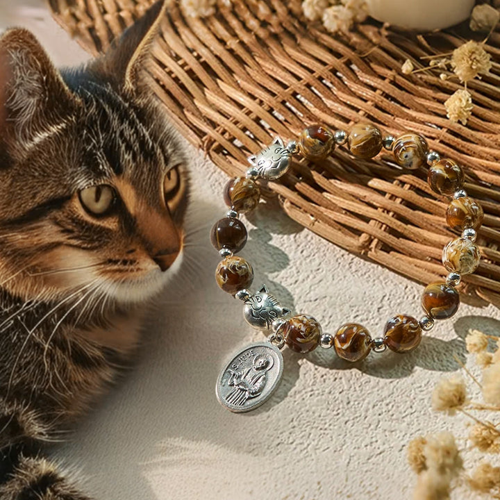 Christianartworkshop Brown Tabby Cat Rosary Bracelet with Amber Beads: Pray with Gentle Memorial Grace - Tabby Cat Rosary Bracelet - image 0