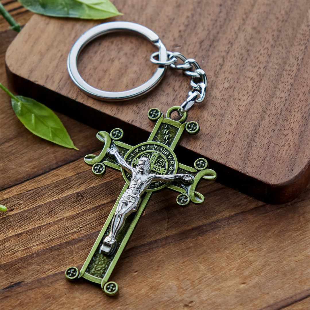 Christianartworkshop Antique Green & Antique Silver Crucifix with St. Benedict Keychain - Antique Green - image 0