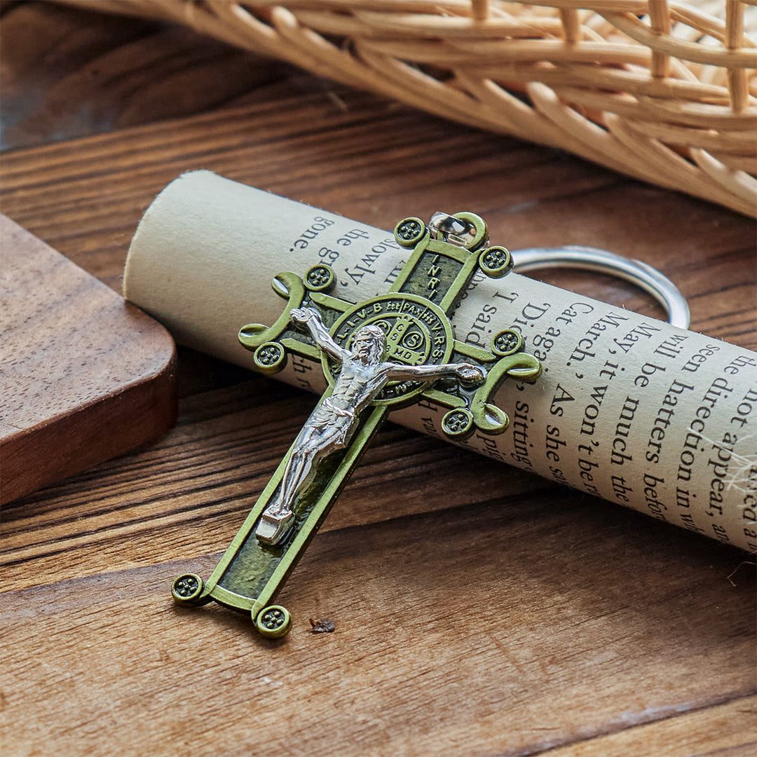 Christianartworkshop Antique Green & Antique Silver Crucifix with St. Benedict Keychain - image 4