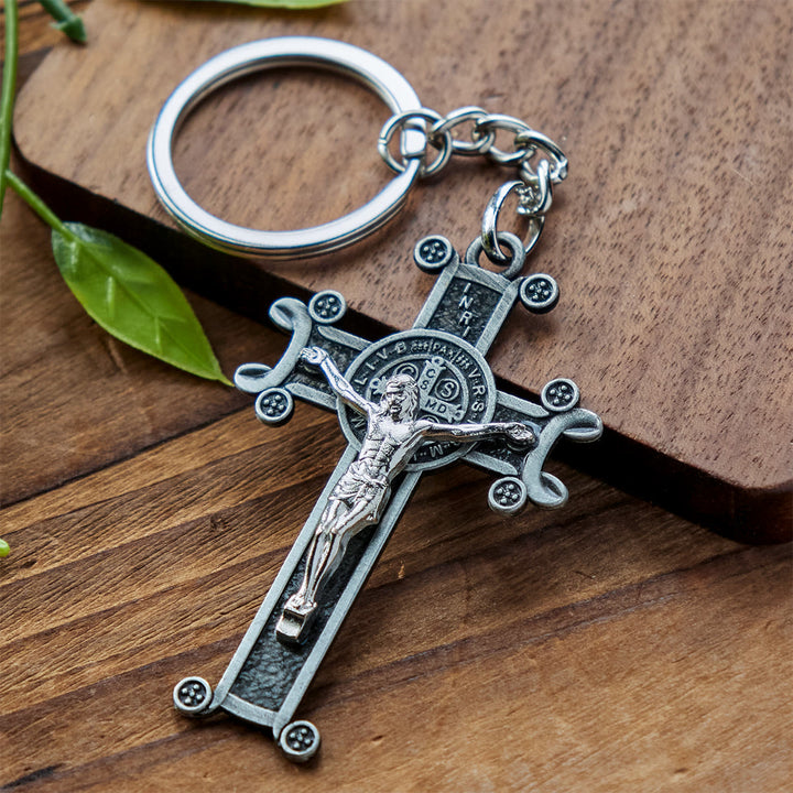 Christianartworkshop Antique Green & Antique Silver Crucifix with St. Benedict Keychain - Antique Silver - image 1