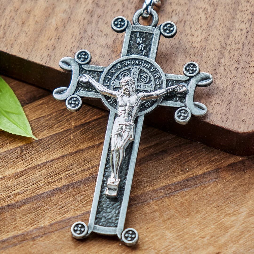 Christianartworkshop Antique Green & Antique Silver Crucifix with St. Benedict Keychain - image 3