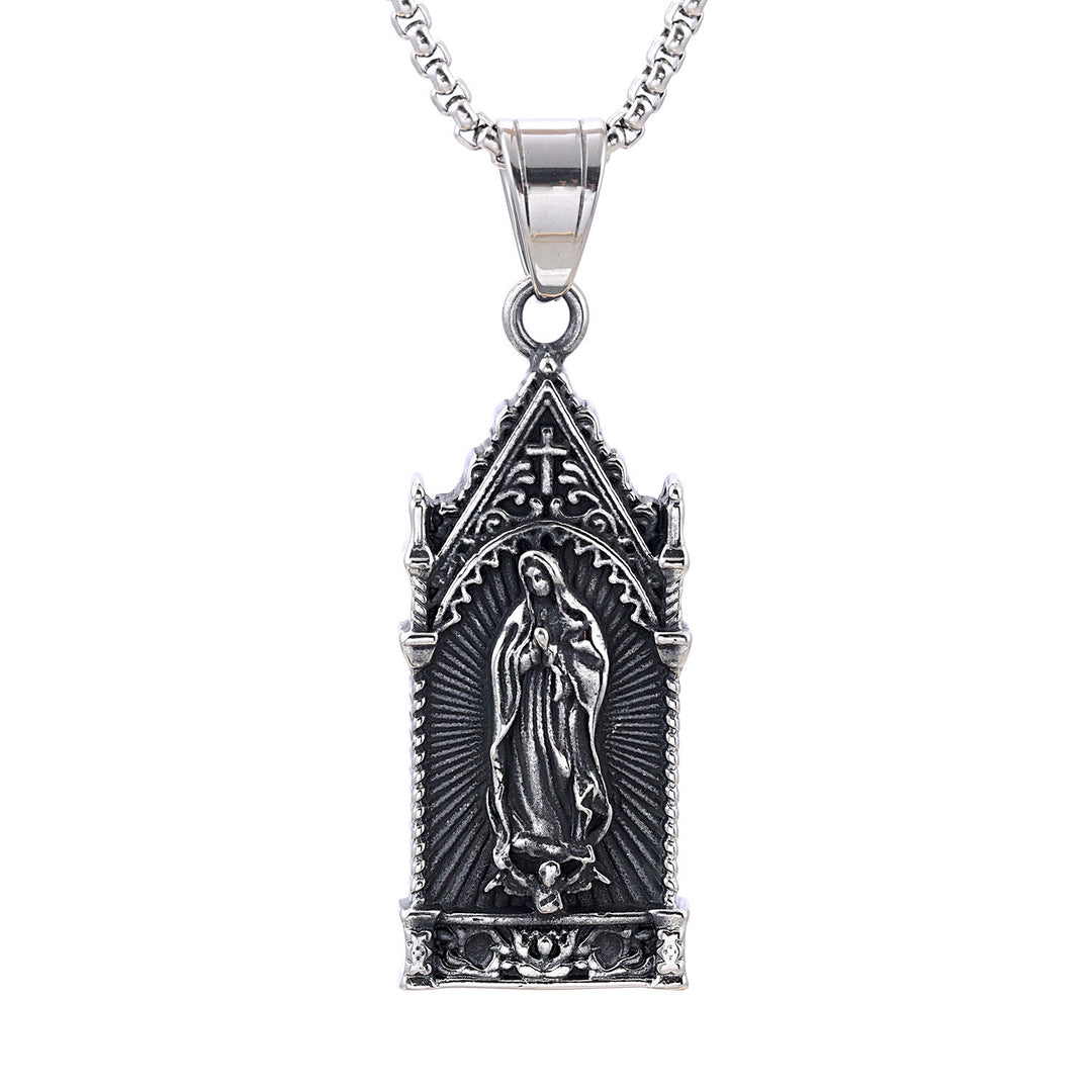 Christianartworkshop Antique Silver Virgin Mary Necklace in Gothic Cathedral Frame - image 4