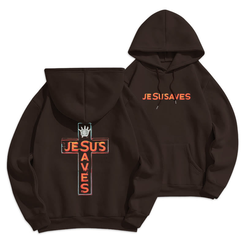 Christianartworkshop Jesus Saves Cross Graphic Faith Statement Fleece Lined Polyester Hoodie - Brown - 2XL - image 5