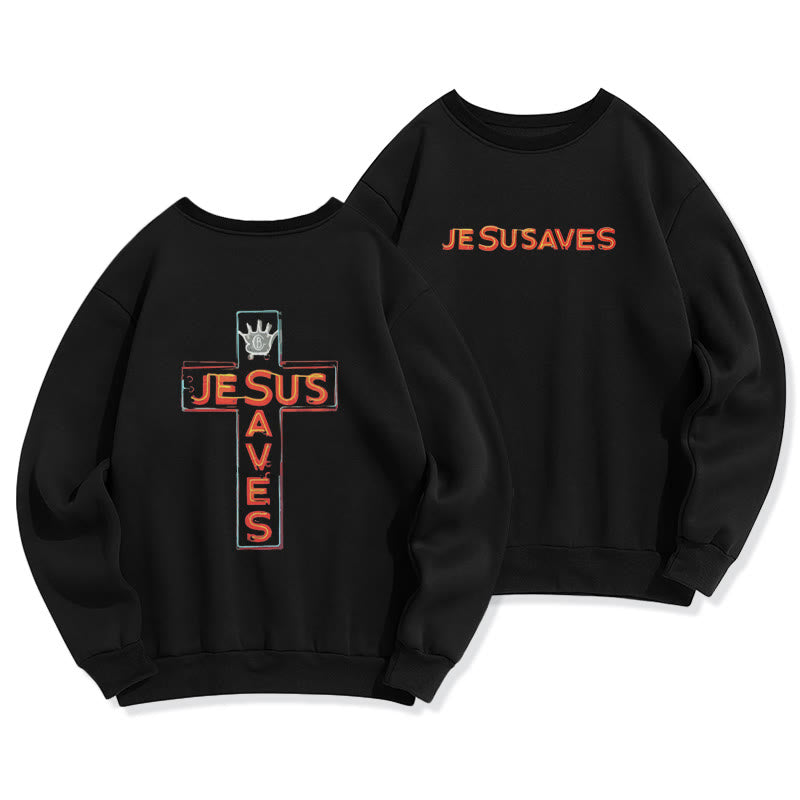 Christianartworkshop Jesus Saves Cross Graphic Faith Statement Fleece Lined Polyester Sweatshirt - Black - 2XL - image 0