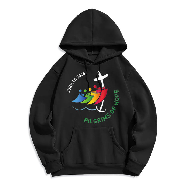 Christianartworkshop Colored Style Pilgrims of Hope Jubilee Fleece Lined Polyester Hoodie - Black - 2XL - image 6