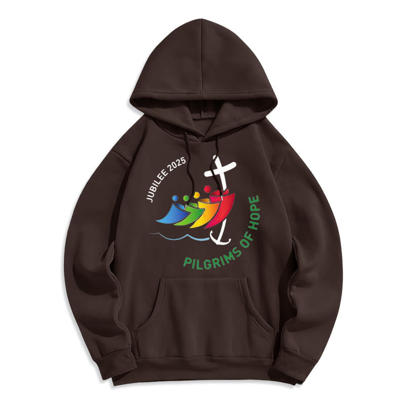 Christianartworkshop Colored Style Pilgrims of Hope Jubilee Fleece Lined Polyester Hoodie - Brown - 2XL - image 8