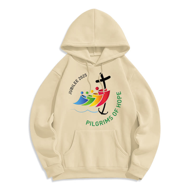 Christianartworkshop Colored Style Pilgrims of Hope Jubilee Fleece Lined Polyester Hoodie - Beige - 2XL - image 3