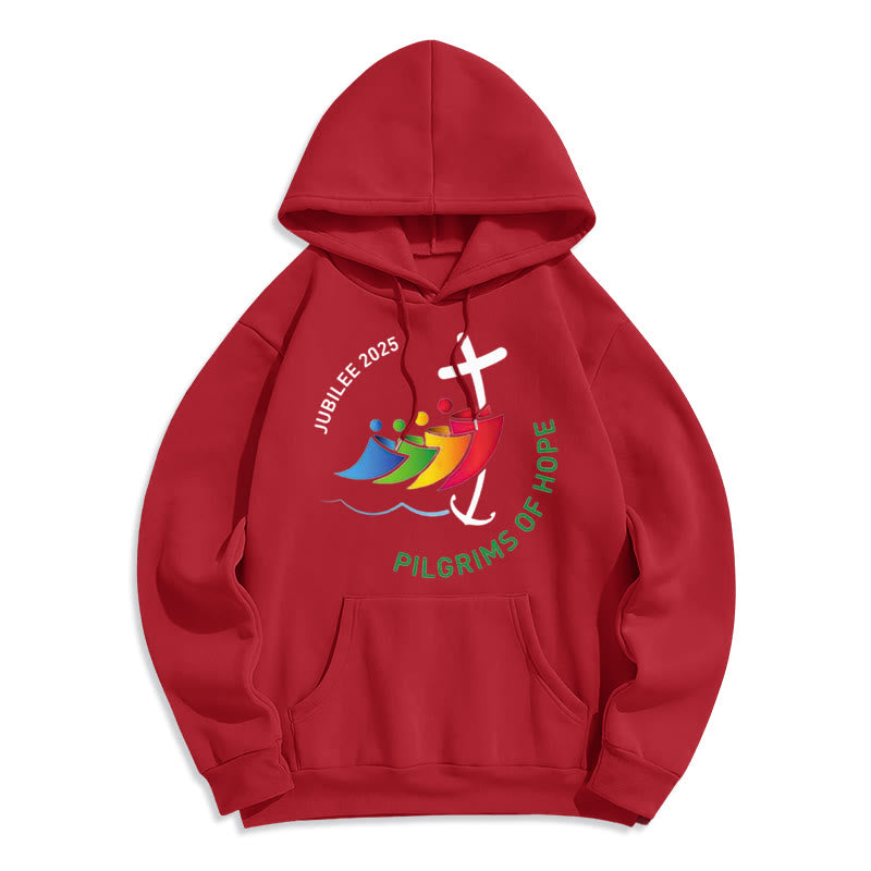 Christianartworkshop Colored Style Pilgrims of Hope Jubilee Fleece Lined Polyester Hoodie - Red - 2XL - image 7