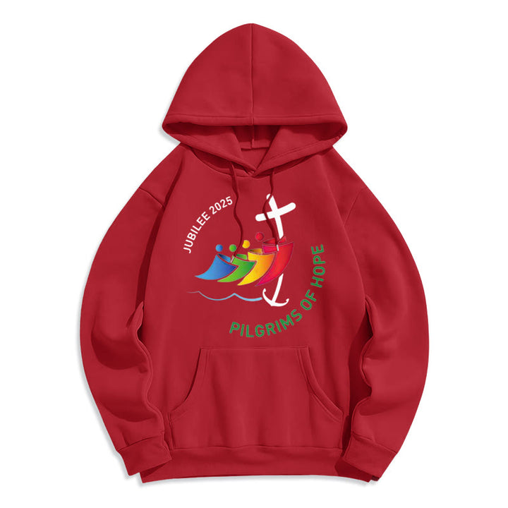Christianartworkshop Colored Style Pilgrims of Hope Jubilee Fleece Lined Polyester Hoodie - Red - 2XL - image 7