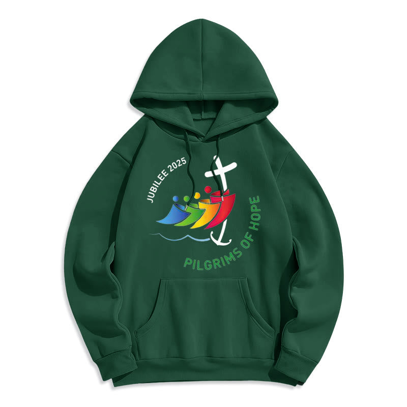 Christianartworkshop Colored Style Pilgrims of Hope Jubilee Fleece Lined Polyester Hoodie - Green - 2XL - image 9