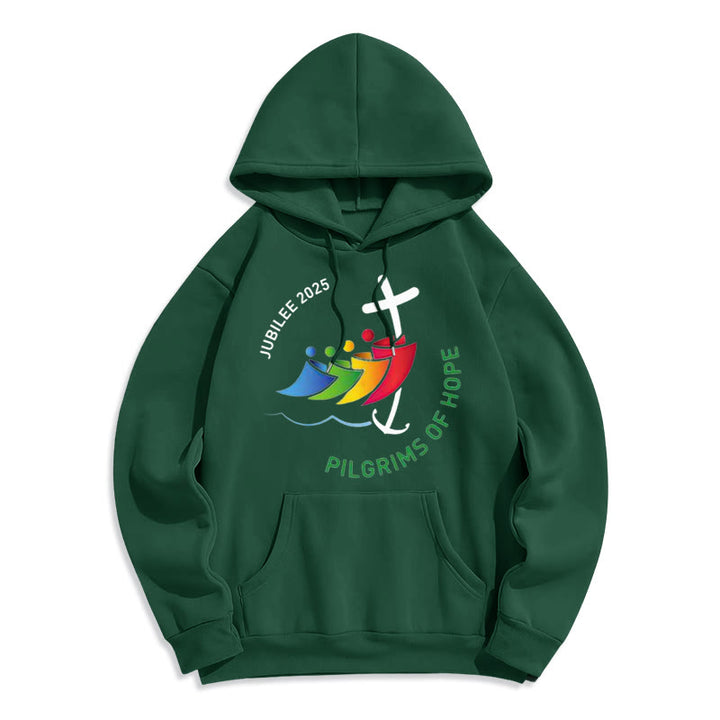 Christianartworkshop Colored Style Pilgrims of Hope Jubilee Fleece Lined Polyester Hoodie - Green - 2XL - image 9