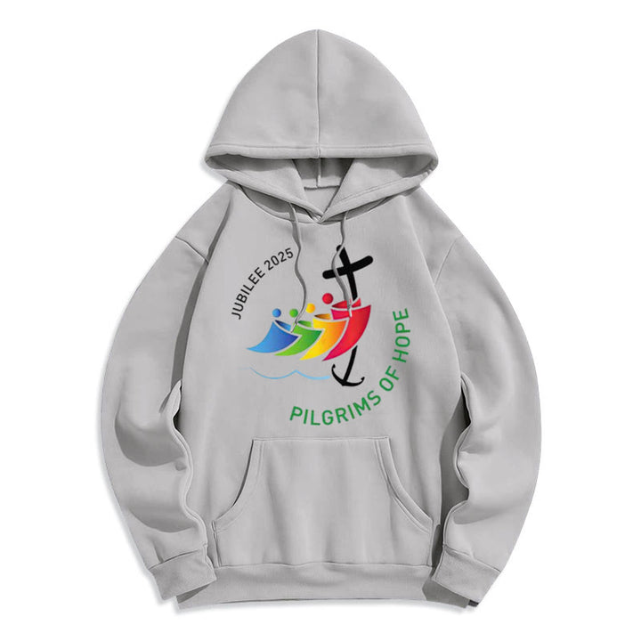 Christianartworkshop Colored Style Pilgrims of Hope Jubilee Fleece Lined Polyester Hoodie - Grey - 2XL - image 5