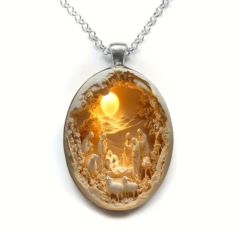 Christianartworkshop 2D Flat Image Glass Nativity Scene Pendant Necklace - Nativity Scene - image 0