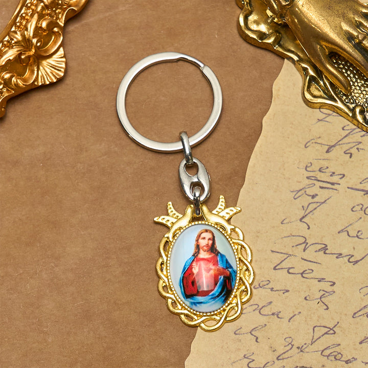 Christianartworkshop Faithful Sacred Heart of Jesus Keychain: Golden Frame Dove and Timeless Grace - image 2