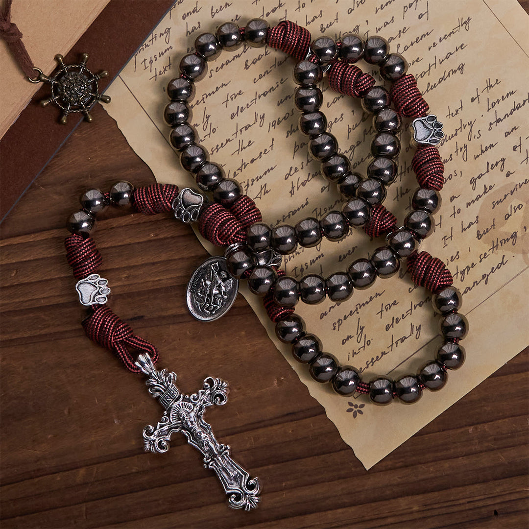 Christianartworkshop Rugged Metallic Beads Paracord Rosary with Paw Charms & St. Michael - St. Michael & Crucifix - image 0