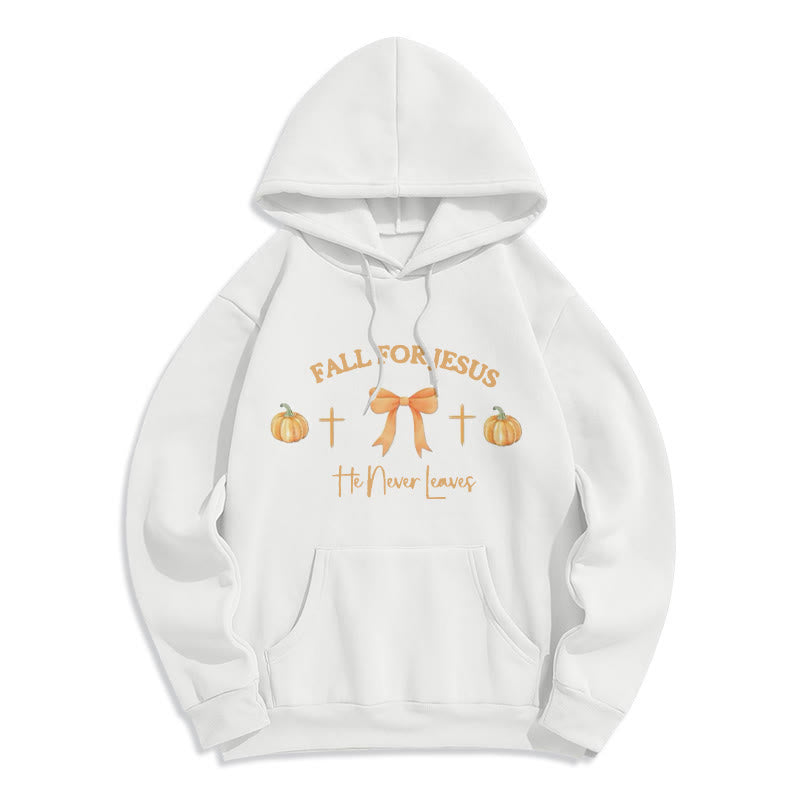 Christianartworkshop Fall For Jesus Pumpkin Cross & Bow Fleece Lined Polyester Hoodie - White - 2XL - image 1