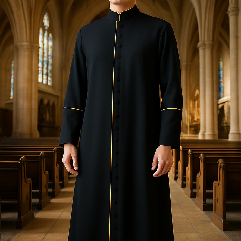 Christianartworkshop Medieval Style Clergy Robe in Assorted Colors & Cross Detailing - Black with Gold Stripe - 3XL - image 0