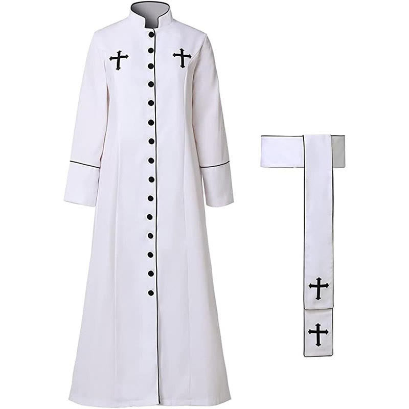 Christianartworkshop Ceremonial Black and White Stand Collar Clergy Robe with Belt & Cross Motifs - image 2