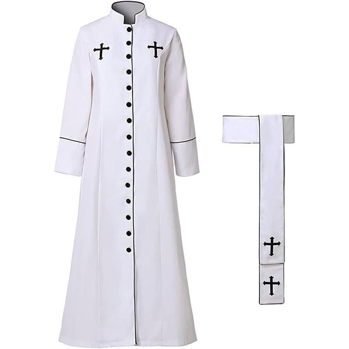 Christianartworkshop Ceremonial Black and White Stand Collar Clergy Robe with Belt & Cross Motifs - image 2
