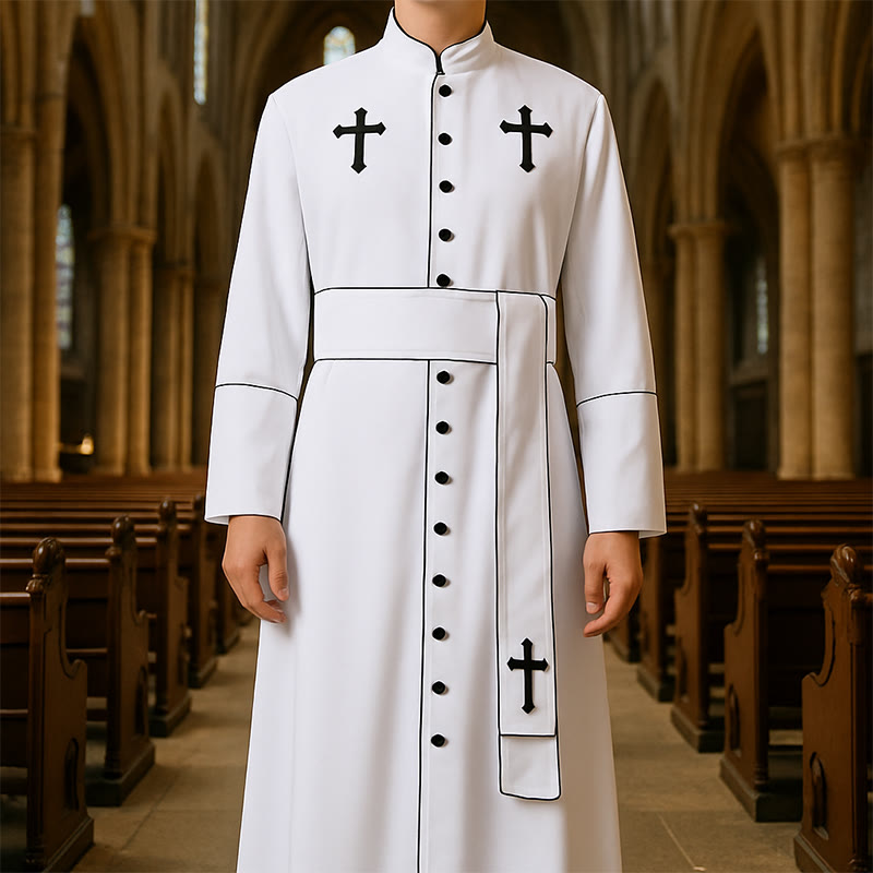 Christianartworkshop Ceremonial Black and White Stand Collar Clergy Robe with Belt & Cross Motifs - White - 3XL - image 0