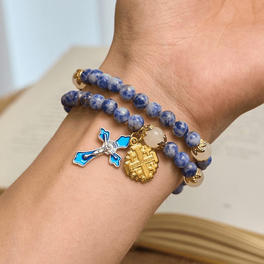 Christianartworkshop Artisanal Elastic 4mm Blue Stone Rosary Bracelet with Crucifix & Jerusalem Cross - image 1