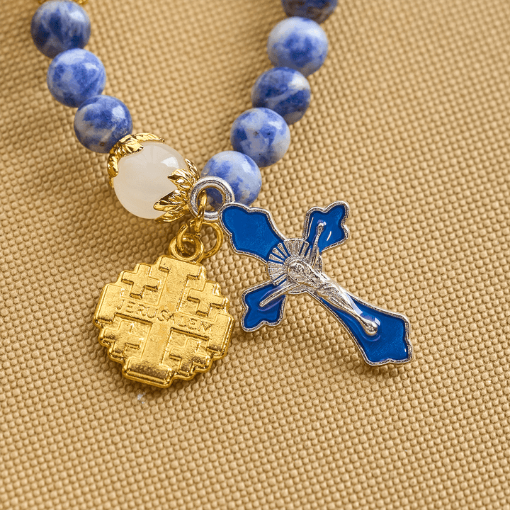 Christianartworkshop Artisanal Elastic 4mm Blue Stone Rosary Bracelet with Crucifix & Jerusalem Cross - image 6
