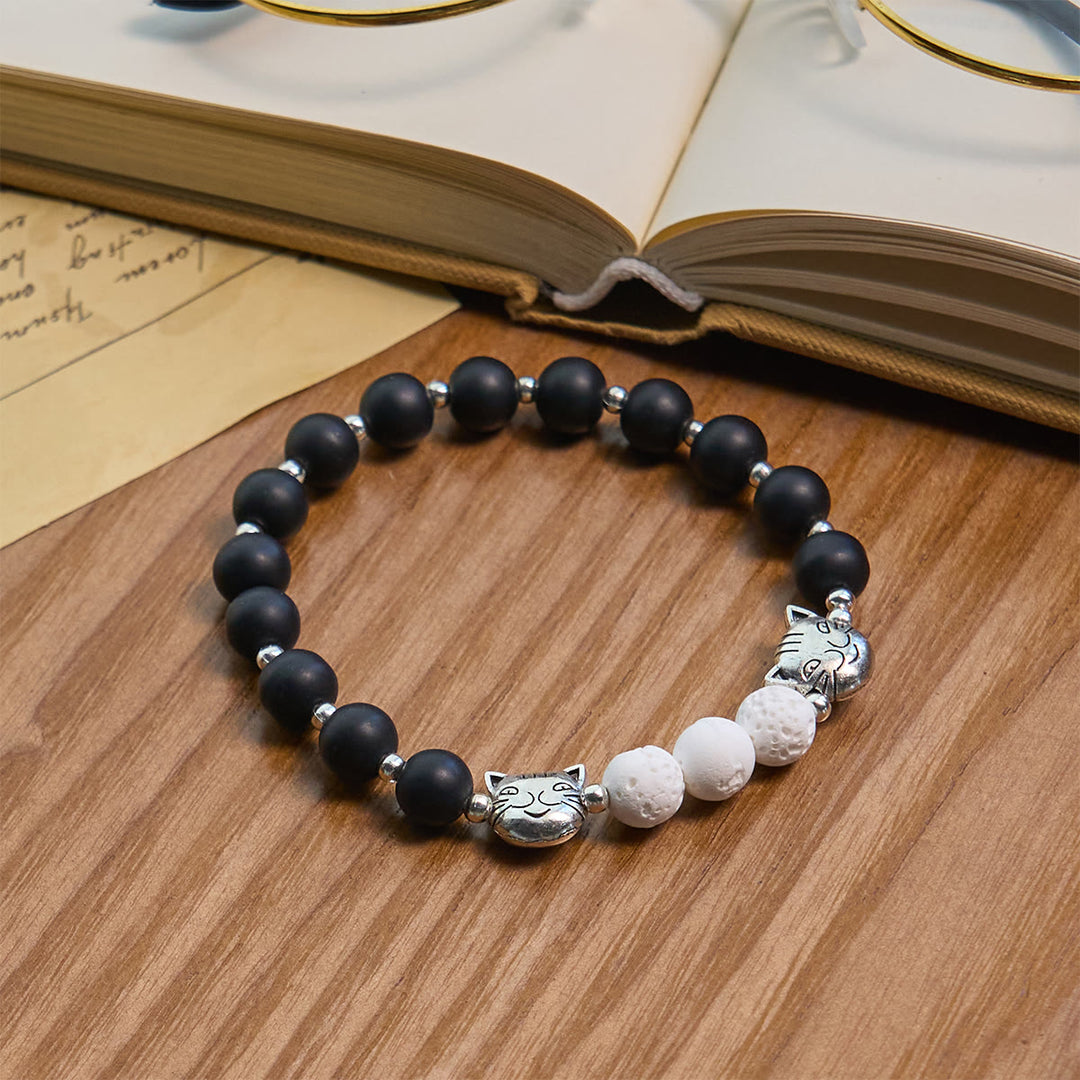 Christianartworkshop Matte Black and White Lava Stone with Cow Cat Blessing Animal Bracelet - image 3