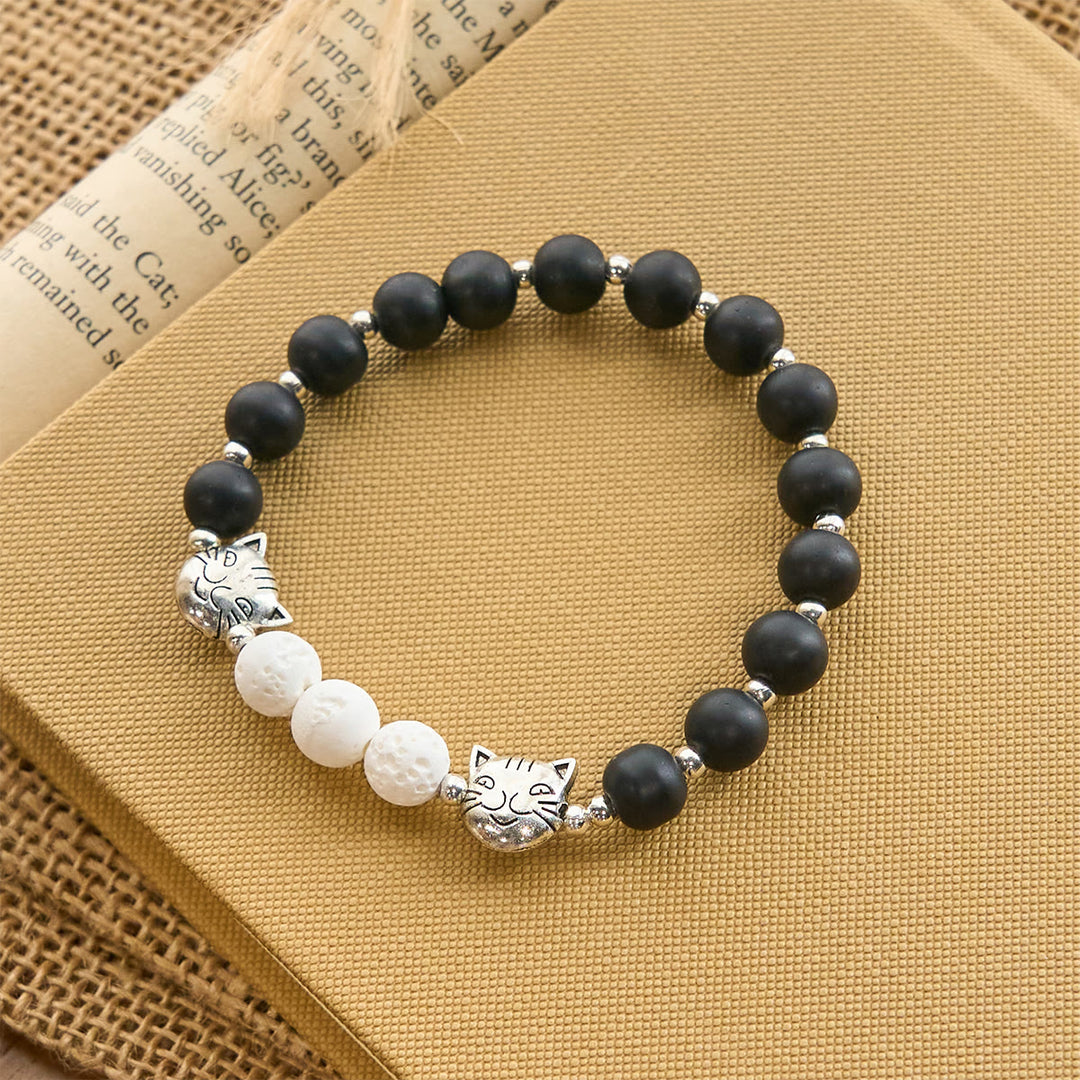 Christianartworkshop Matte Black and White Lava Stone with Cow Cat Blessing Animal Bracelet - image 2