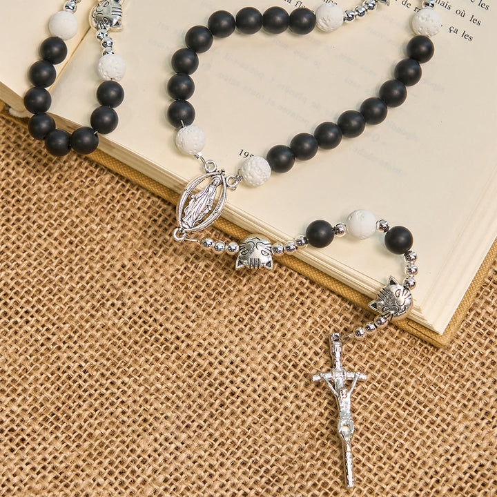 Christianartworkshop Matte Black and White Lava Stone with Cat Cow Chrams Bracelet & Animal Rosary  - image 5