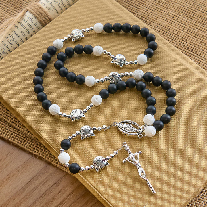 Christianartworkshop Matte Black and White Lava Stone with Cat Cow Chrams Bracelet & Animal Rosary  - image 2