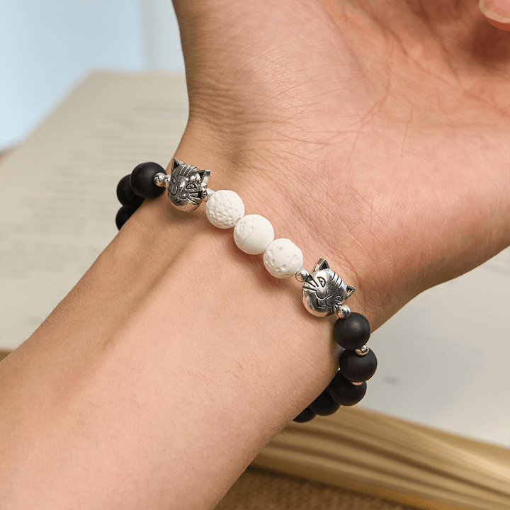Christianartworkshop Matte Black and White Lava Stone with Cow Cat Blessing Animal Bracelet - image 1