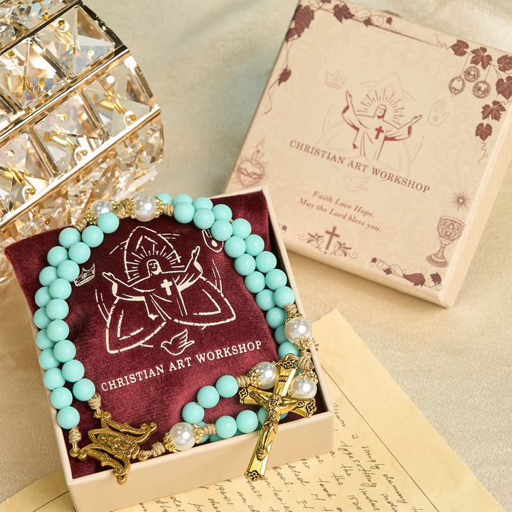 Christianartworkshop Handmade Mint Green Beads & Pearl with Miraculous Medal & Crucifix Rosary - image 2
