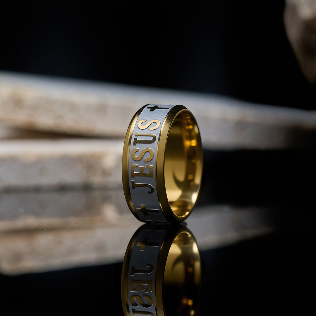 Christianartworkshop Titanium Steel Ring with Laser engraving "JESUS" - Golden - US 13 - image 0
