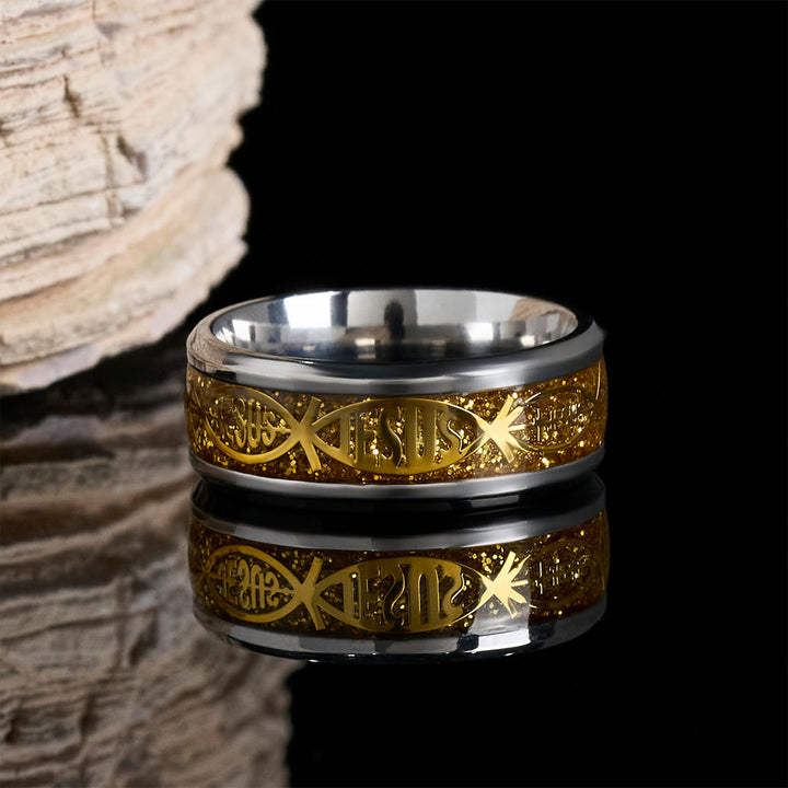 Christianartworkshop Rustic Stainless Steel Ring: "Jesus" in Fish - Golden - US 13 - image 3