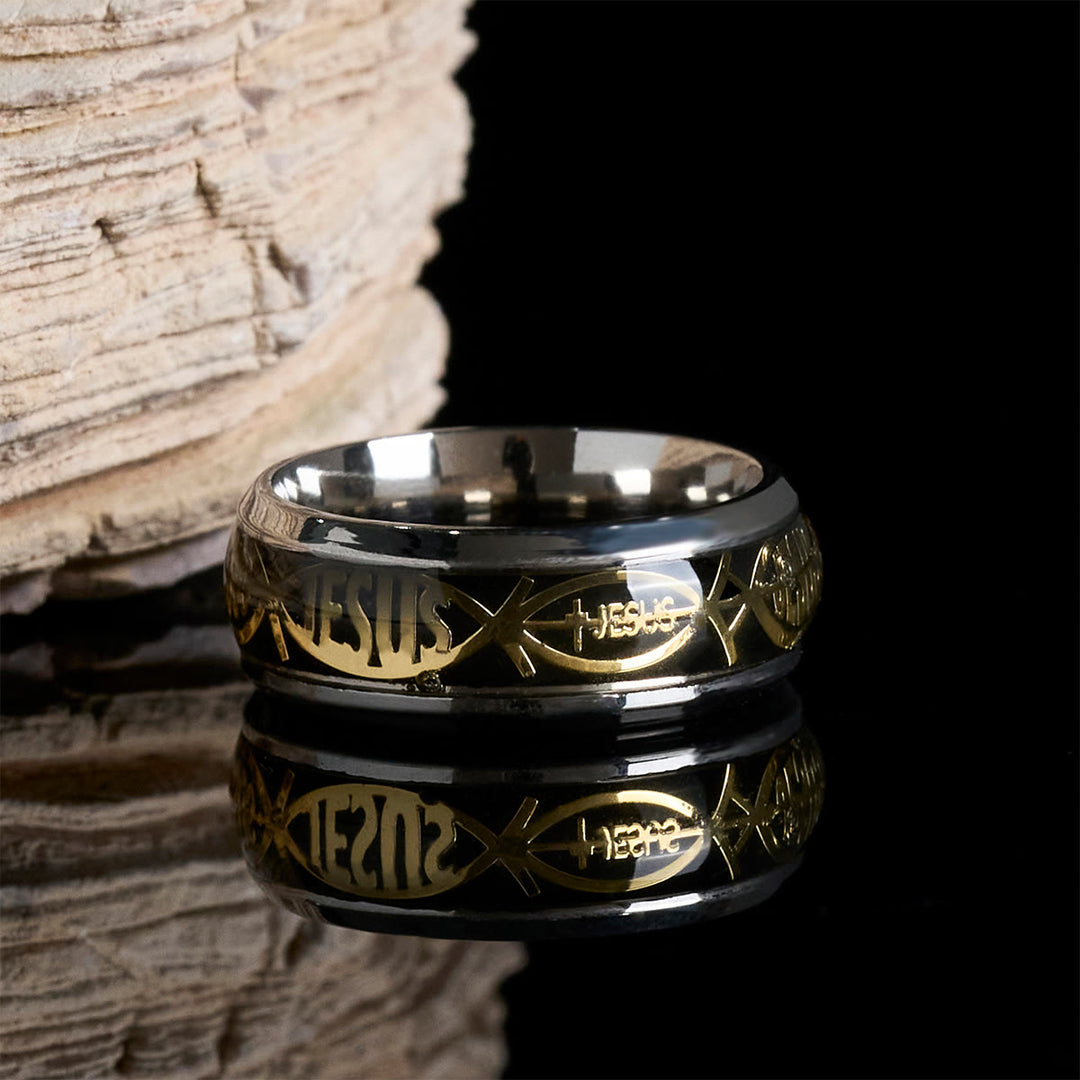 Christianartworkshop Rustic Stainless Steel Ring: "Jesus" in Fish - Black - US 13 - image 2