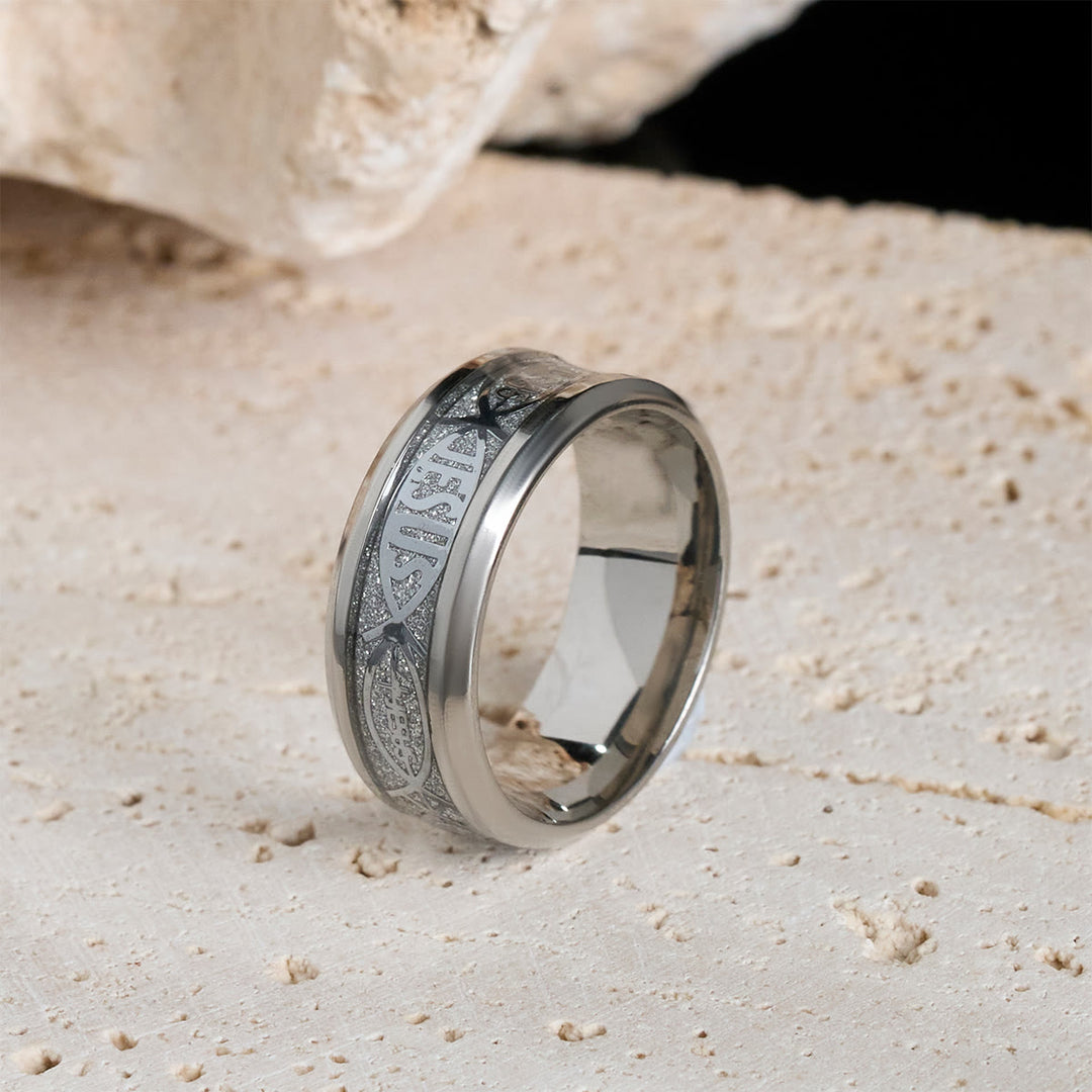 Christianartworkshop Rustic Stainless Steel Ring: "Jesus" in Fish - image 7
