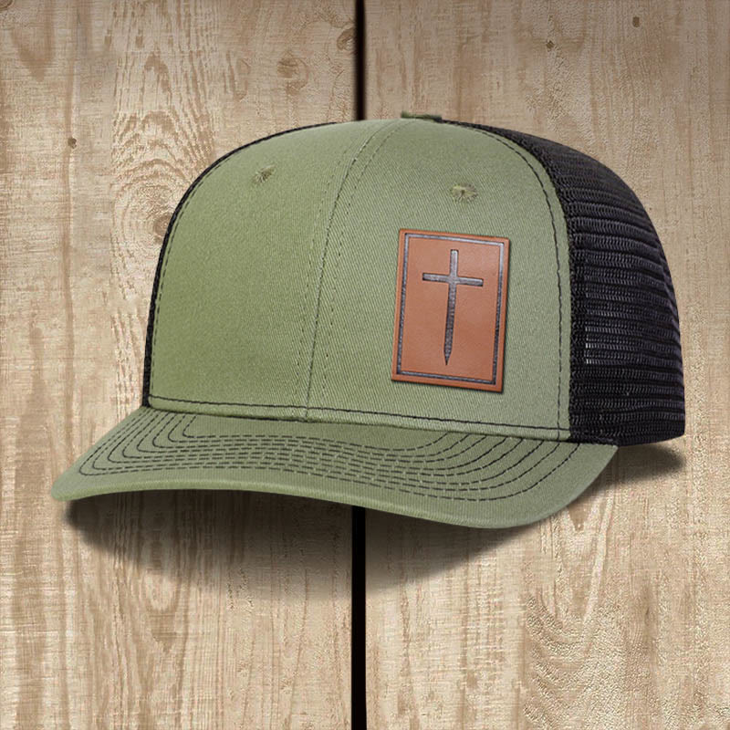 Christianartworkshop Faith Over Fear Nail Cross Leather Patch Faith Hat - Army Green - image 0